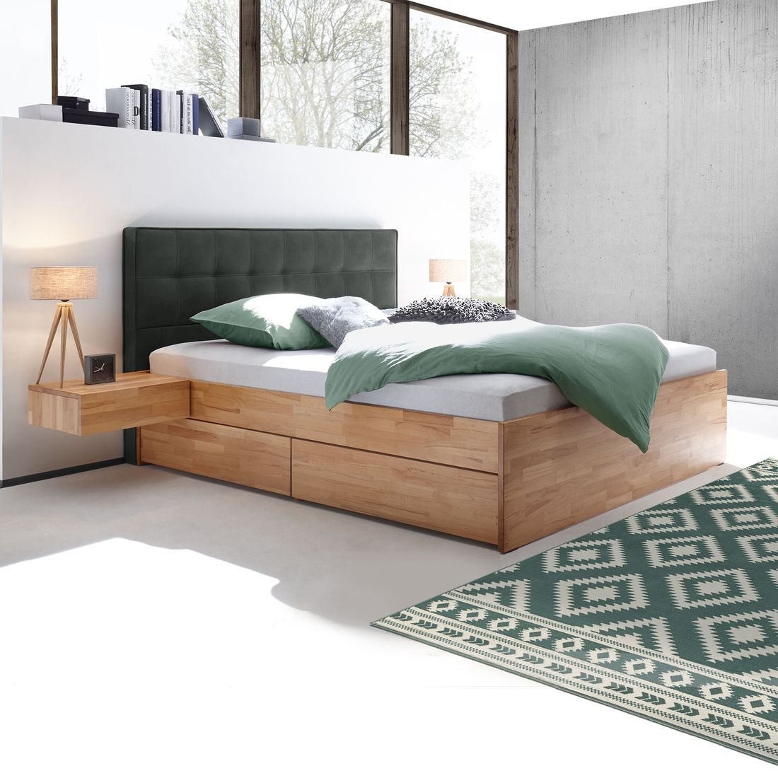 Doppelbett Mirenda Komfort Kernbuche Massivholz mit Schubkasten