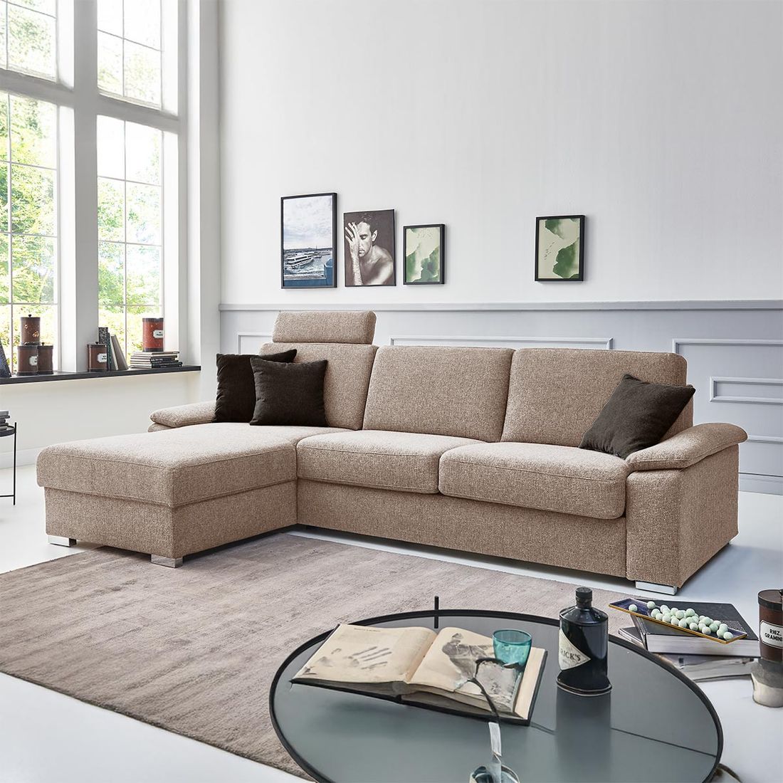 Eck-Schlafsofa Cesio Webstoff mit Lattenrost und Bettkasten Ottomane links