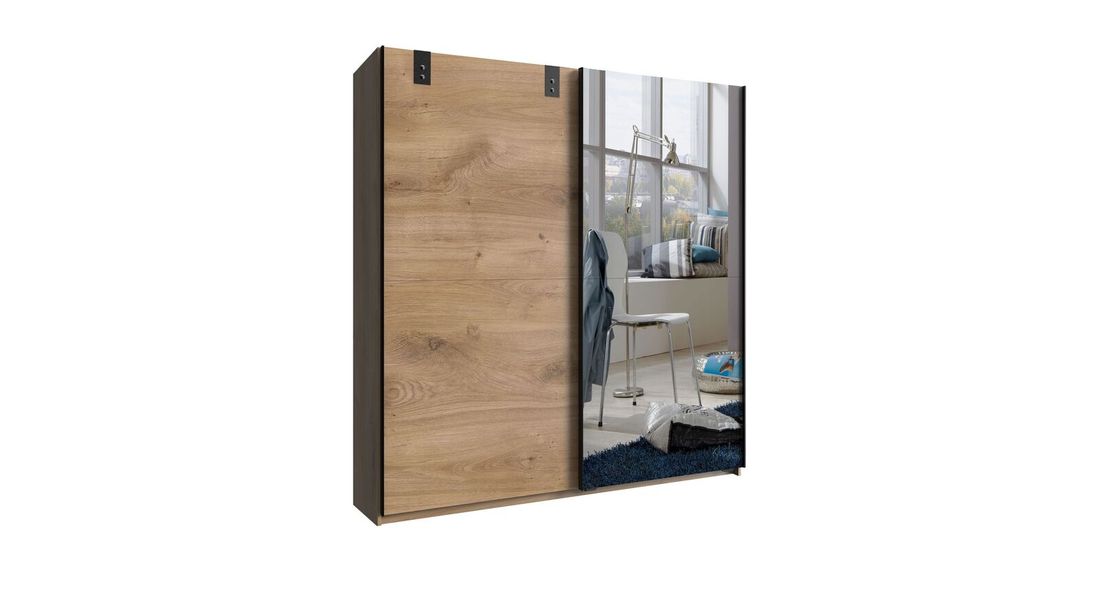 Schwebetüren-Kleiderschrank Nolan Eiche Dekor mit Spiegel H 198cm