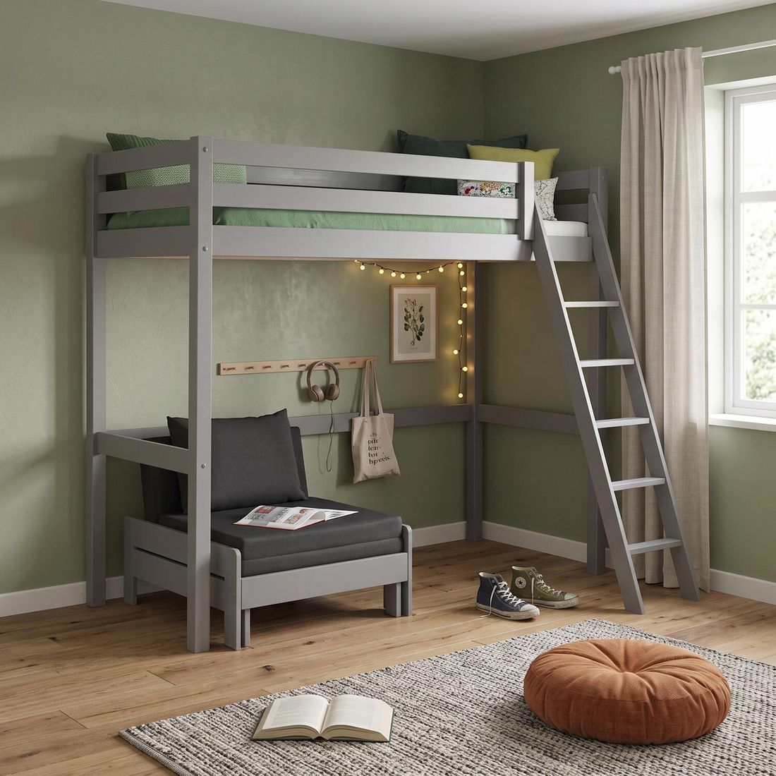 Maxi-Hochbett Kids Comfort Kiefer Massivholz mit Lattenrost und Sesselbett