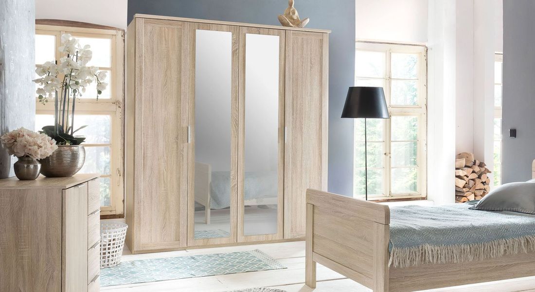 Drehtüren-Kleiderschrank Sinello Eiche Dekor mit Spiegel