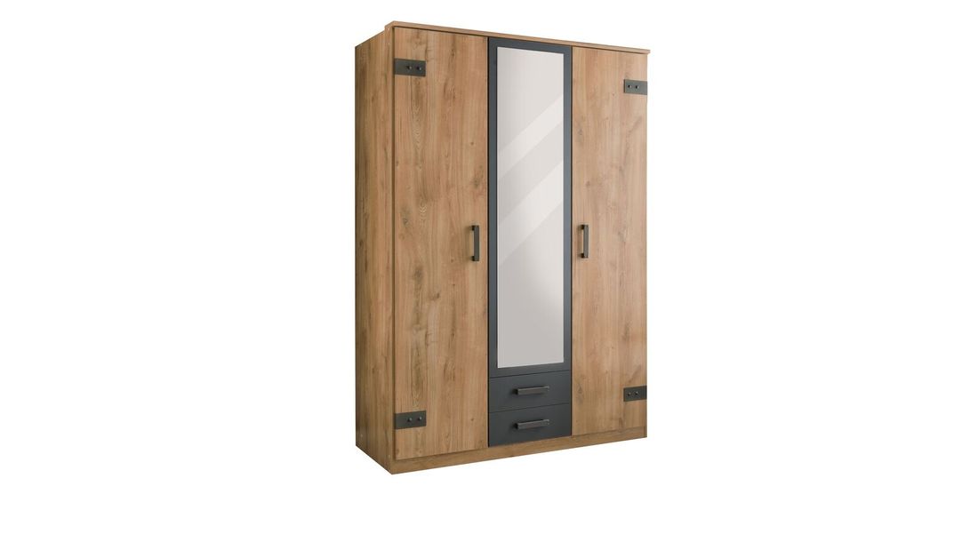 Drehtüren-Kleiderschrank Borlotto Eiche Dekor mit Schubladen mit Innenausstattung H 199cm