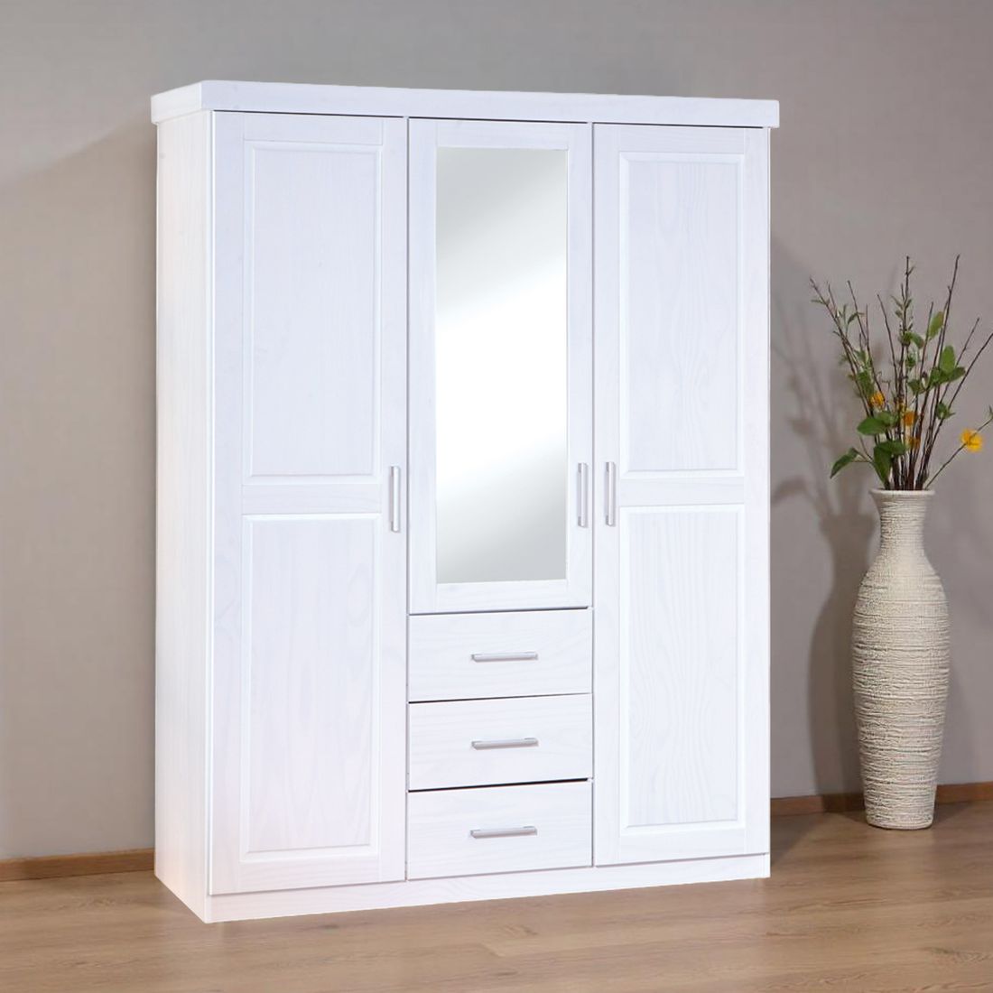 Drehtüren-Kleiderschrank Genf Kiefer Massivholz mit Spiegel und Schubladen