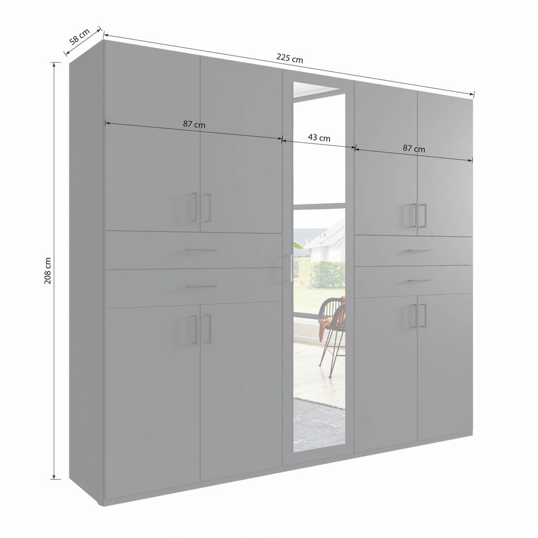 Drehtüren-Kleiderschrank Marnell mit Spiegel und Schubladen