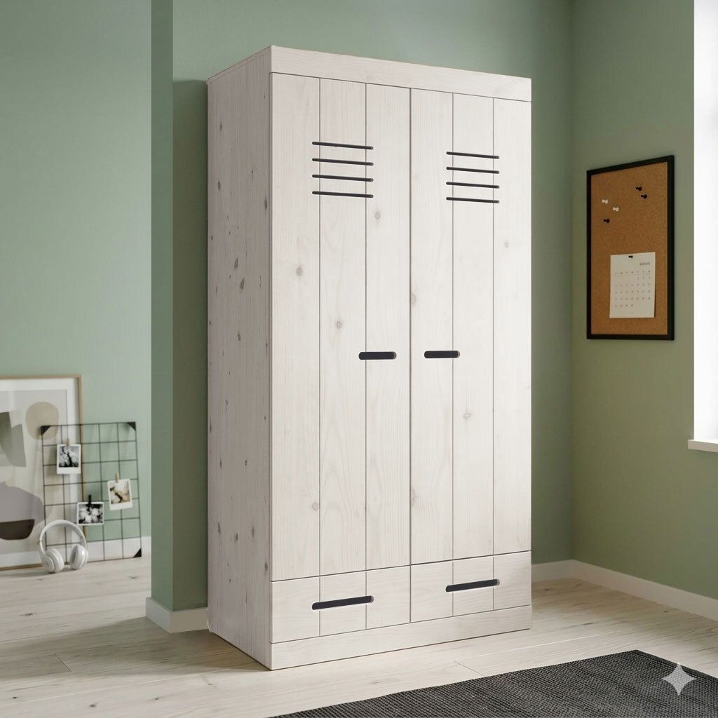 Drehtüren-Kleiderschrank Derby Kiefer Massivholz mit Schubladen mit Innenausstattung H 190cm