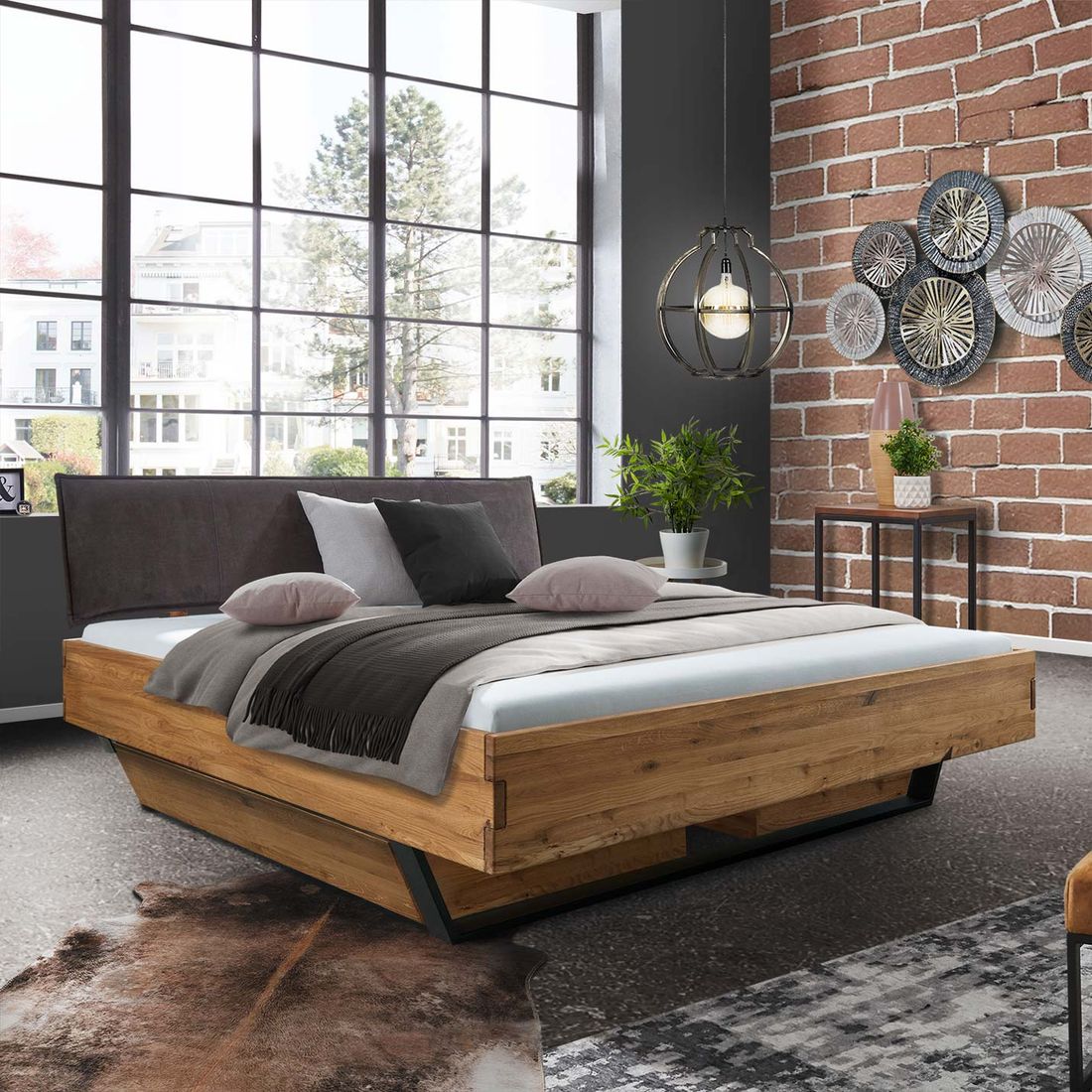 Bett Halesia Komfort Wildeiche Massivholz mit Schubkasten