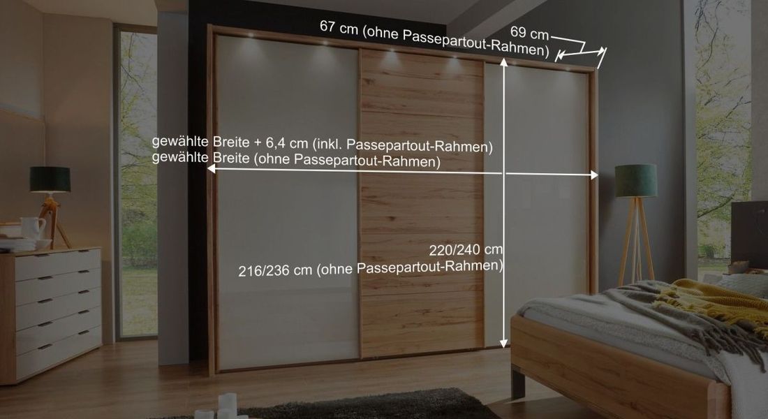 Schwebetüren-Kleiderschrank Leandra Kernbuche teilmassiv mit Glasfront