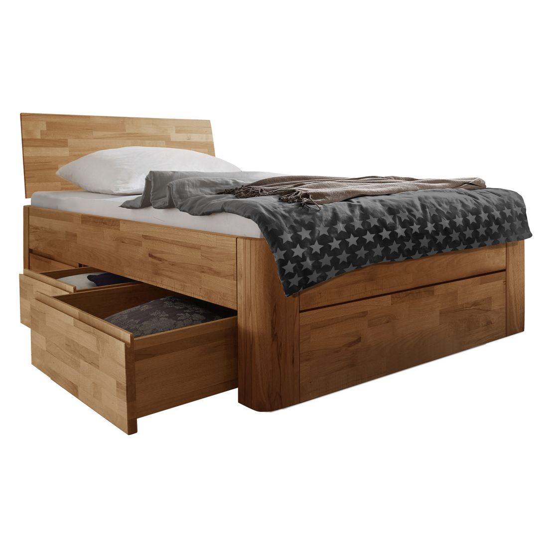 Einzelbett Zarbo Komfort Kernbuche Massivholz mit Schubkasten
