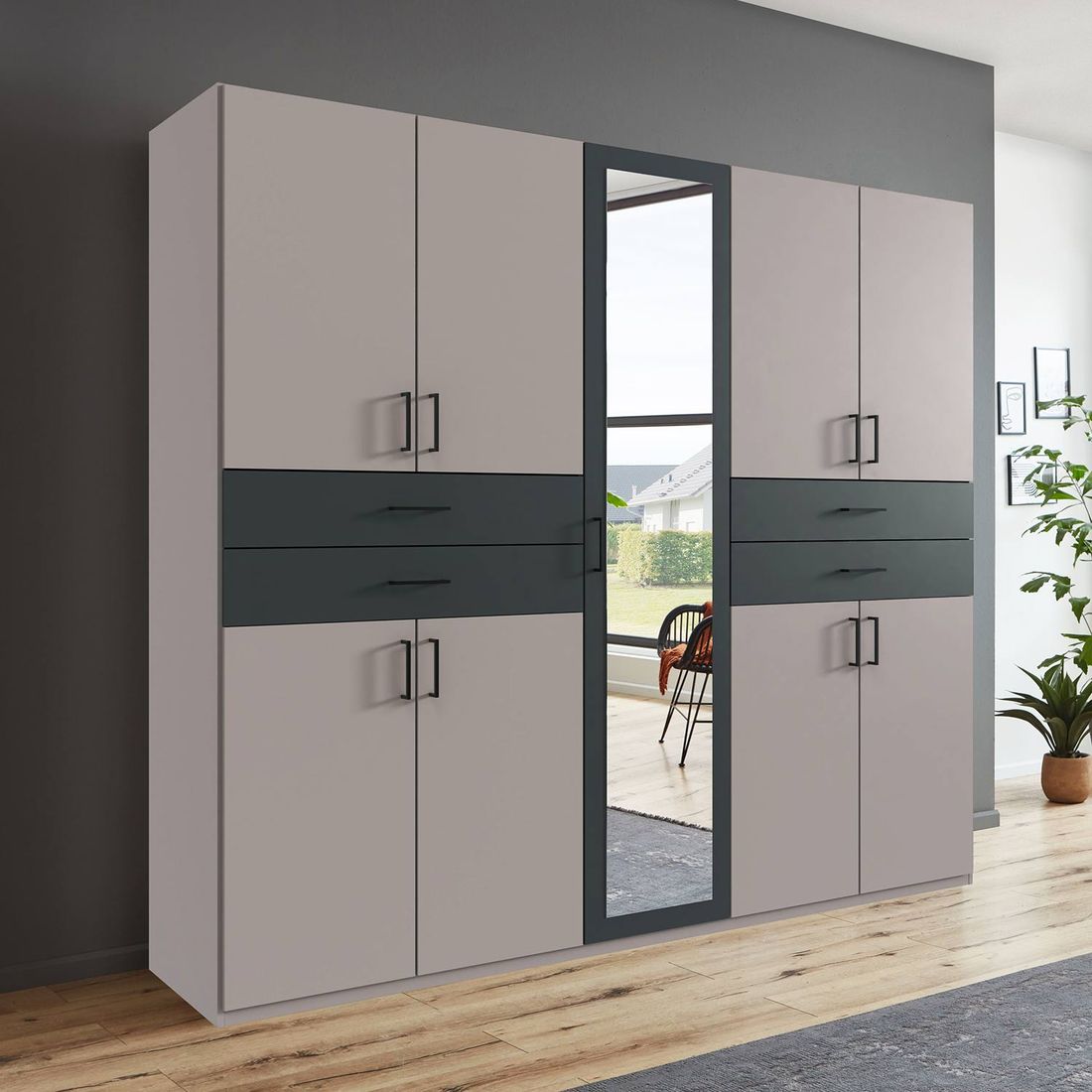 Drehtüren-Kleiderschrank Tredos mit Spiegel und Schubladen