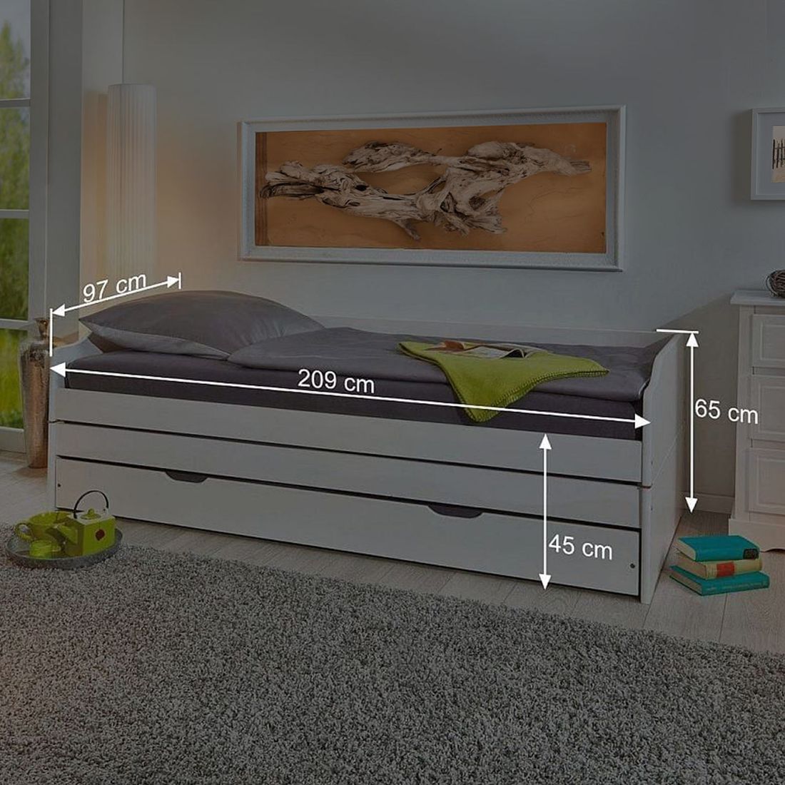 Ausziehbett 3-in-1 Kiefer Massivholz ohne Kopfteil mit Lattenrost und Bettschublade