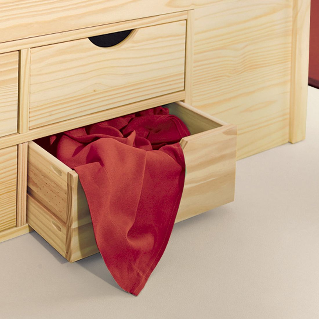Bett Oslo Kiefer Massivholz mit Stauraum und Lattenrost