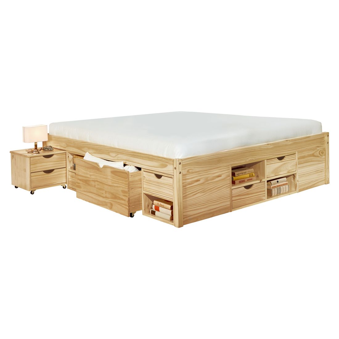 Bett Oslo Kiefer Massivholz mit Stauraum und Lattenrost