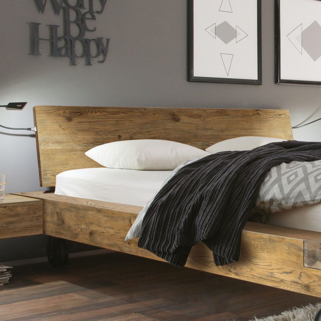 Balkenbett Quesada Wildeiche Vintage Massivholz