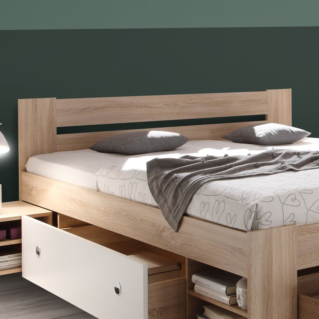 Bett Edvin Komfort Eiche Dekor mit Nachttischen und Schubkasten