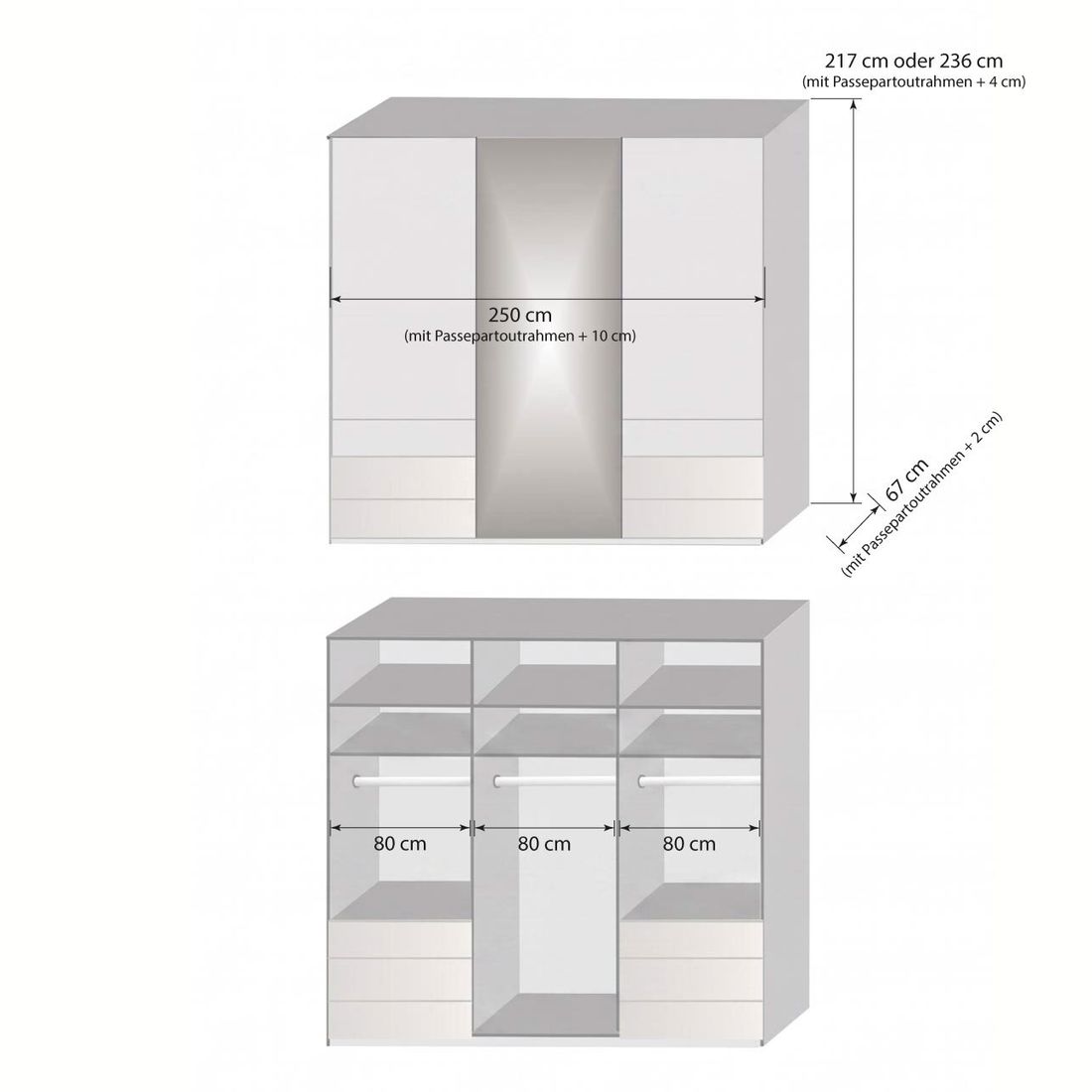 Schwebetüren-Kleiderschrank Tanaria mit Spiegel und Schubladen