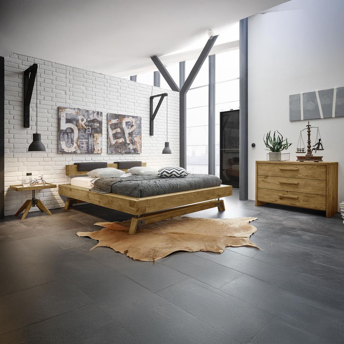 Balkenbett Valdivia Komfort Wildeiche Vintage Massivholz