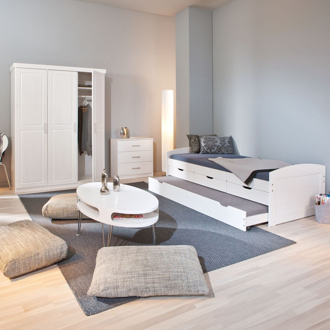 Ausziehbett Leon Kiefer Massivholz mit Lattenrost und Bettschublade