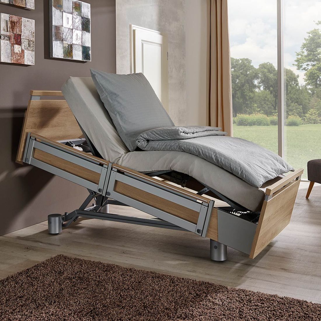 Komfortbett mit Pflegebett-Funktion Usedom Eiche/Akazie Dekor mit Tellerrost