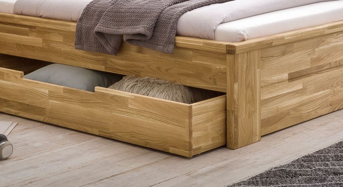 Bett Sumak Komfort Wildeiche Massivholz mit Schubkasten