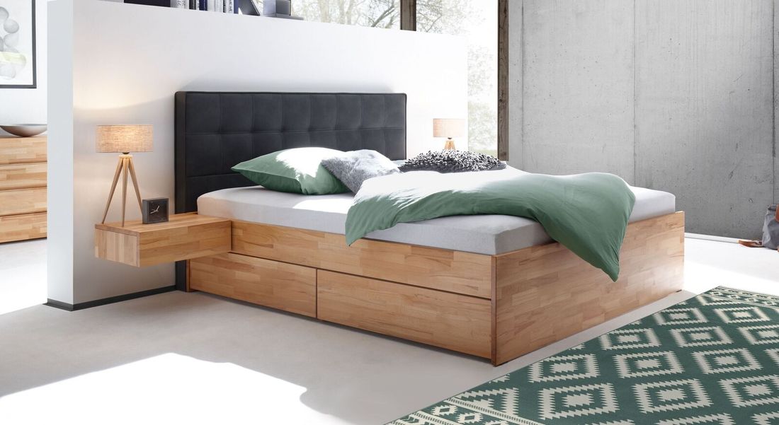 Doppelbett Mirenda Komfort Kernbuche Massivholz mit Schubkasten