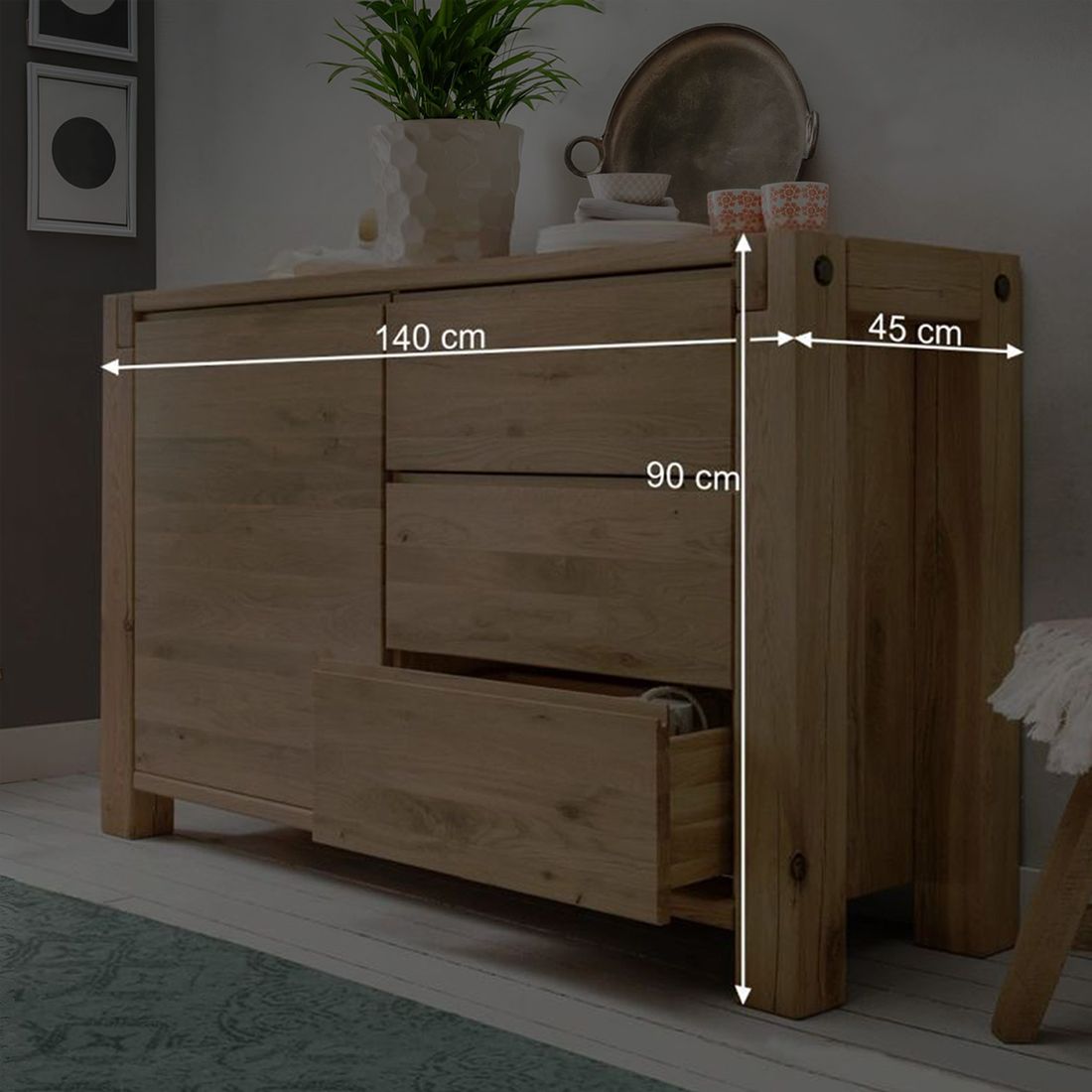 Sideboard Vetralla Wildeiche Massivholz mit Schubladen