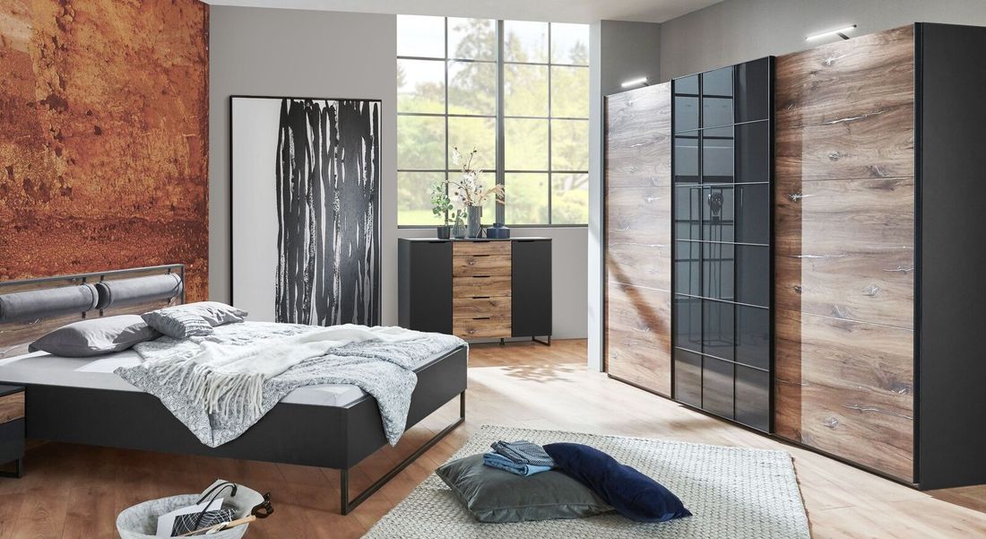 Schwebetüren-Kleiderschrank Arbaro Eiche Dekor mit Glasfront
