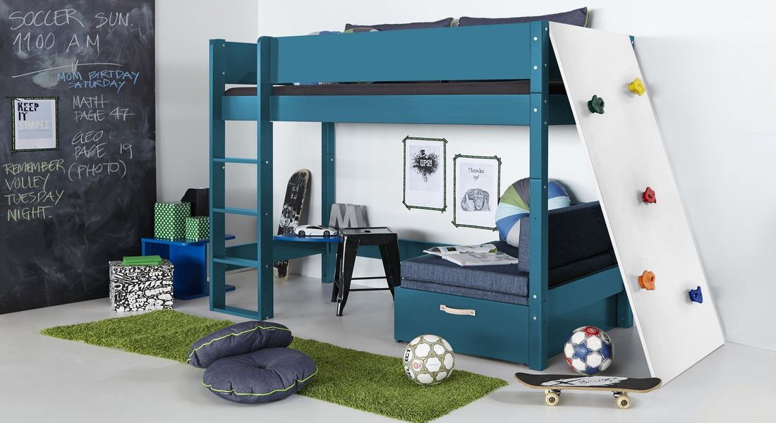Midi-Hochbett Kids Town Color Buche teilmassiv mit Lattenrost und Kletterwand