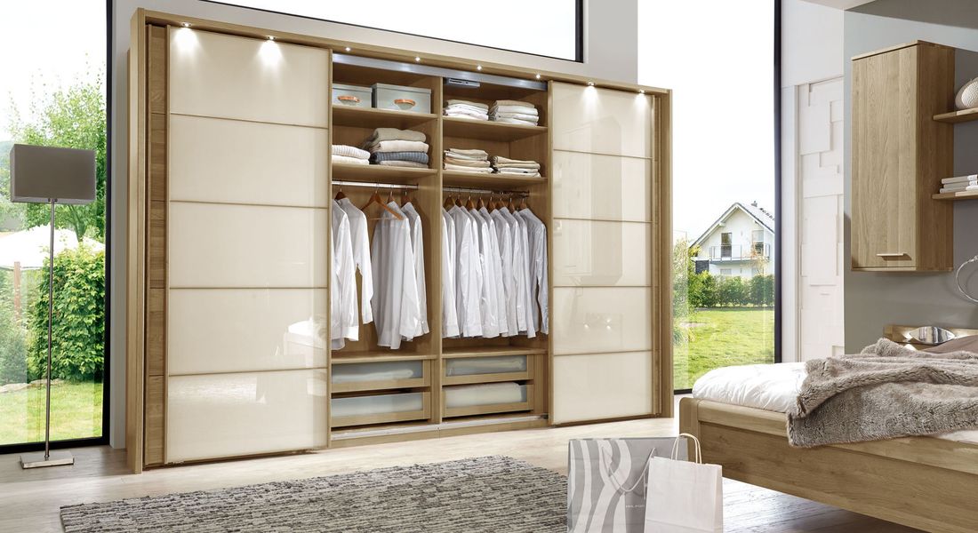 Schwebetüren-Kleiderschrank Praia Eiche teilmassiv mit Glasfront