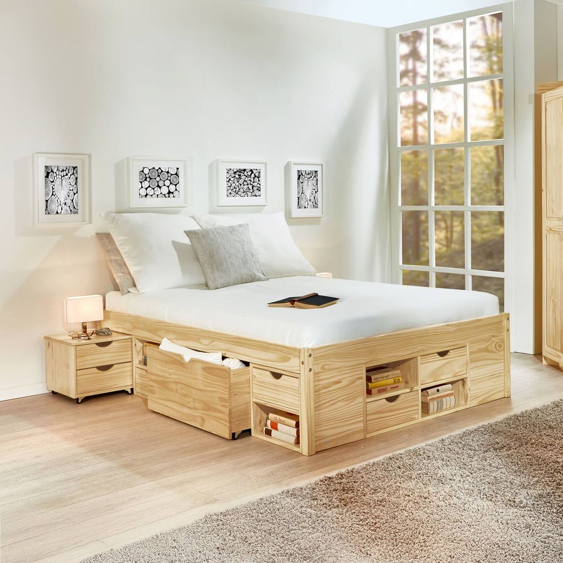 Bett Oslo Kiefer Massivholz mit Stauraum und Lattenrost