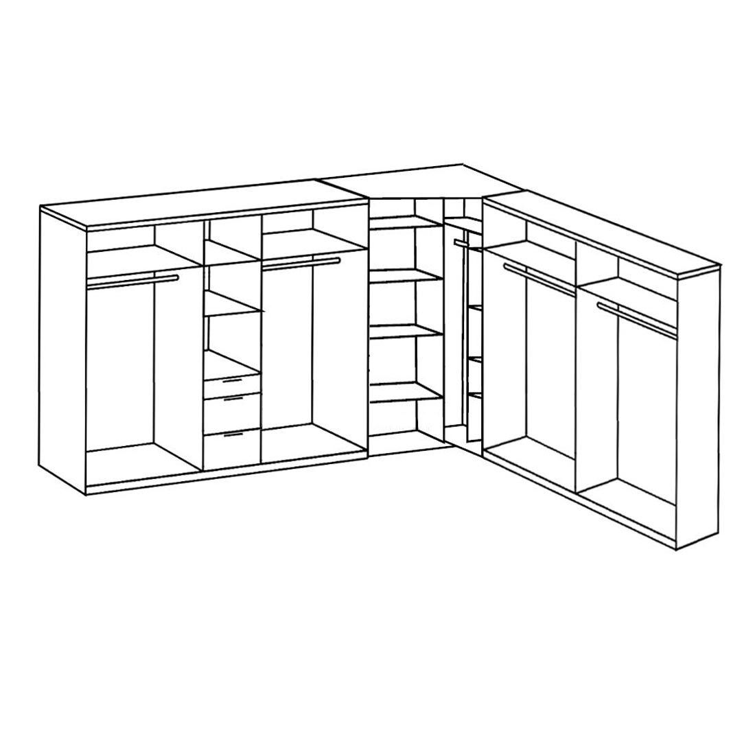 Eck-Kleiderschrank Bassiano mit Beleuchtung, Schubladen, Innenausstattung, Spiegel und Glasfront