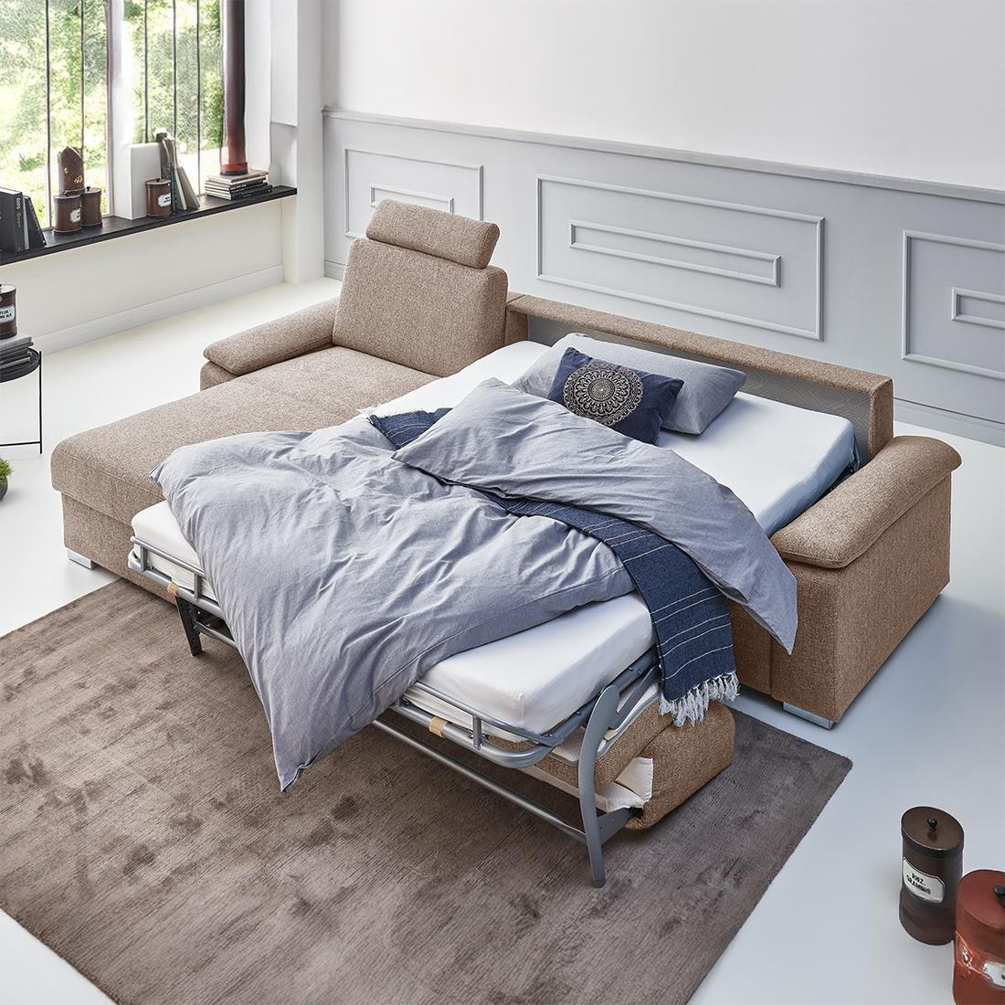 Eck-Schlafsofa Cesio Webstoff mit Lattenrost und Bettkasten Ottomane links