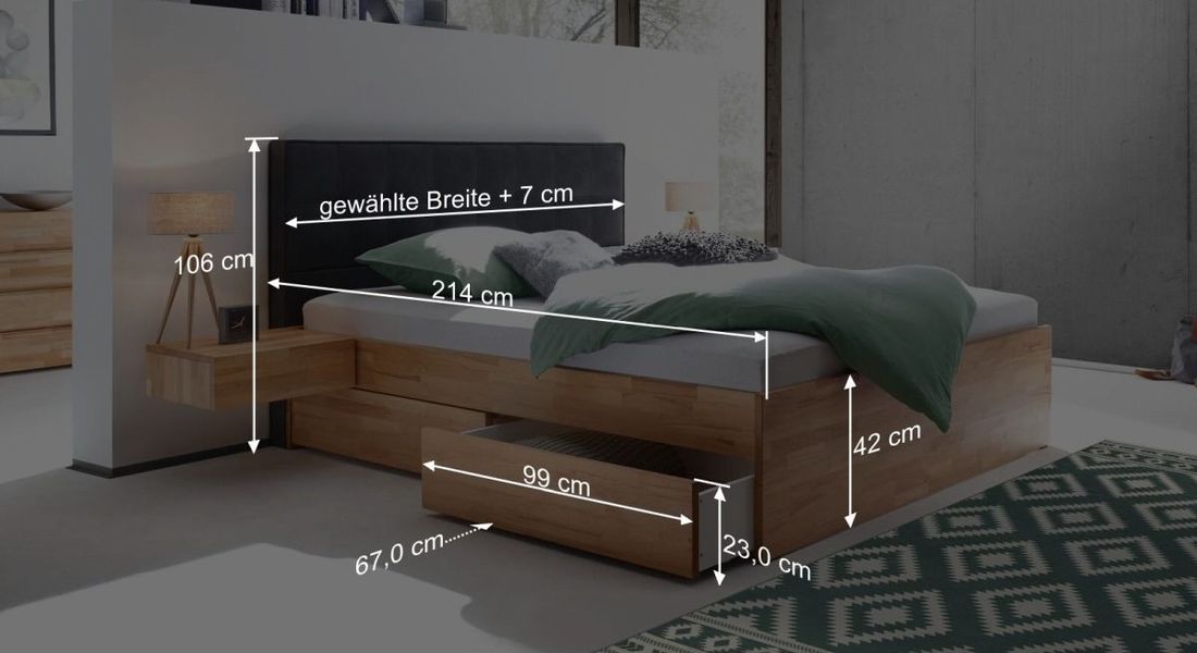 Doppelbett Mirenda Komfort Kernbuche Massivholz mit Schubkasten