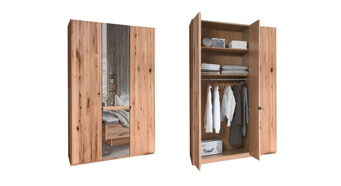 Drehtüren-Kleiderschrank Leandra Kernbuche teilmassiv mit Spiegel