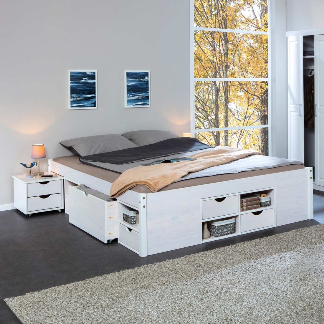 Doppelbett Göteborg Komfort Kiefer Massivholz ohne Kopfteil mit Lattenrost und Schubkasten