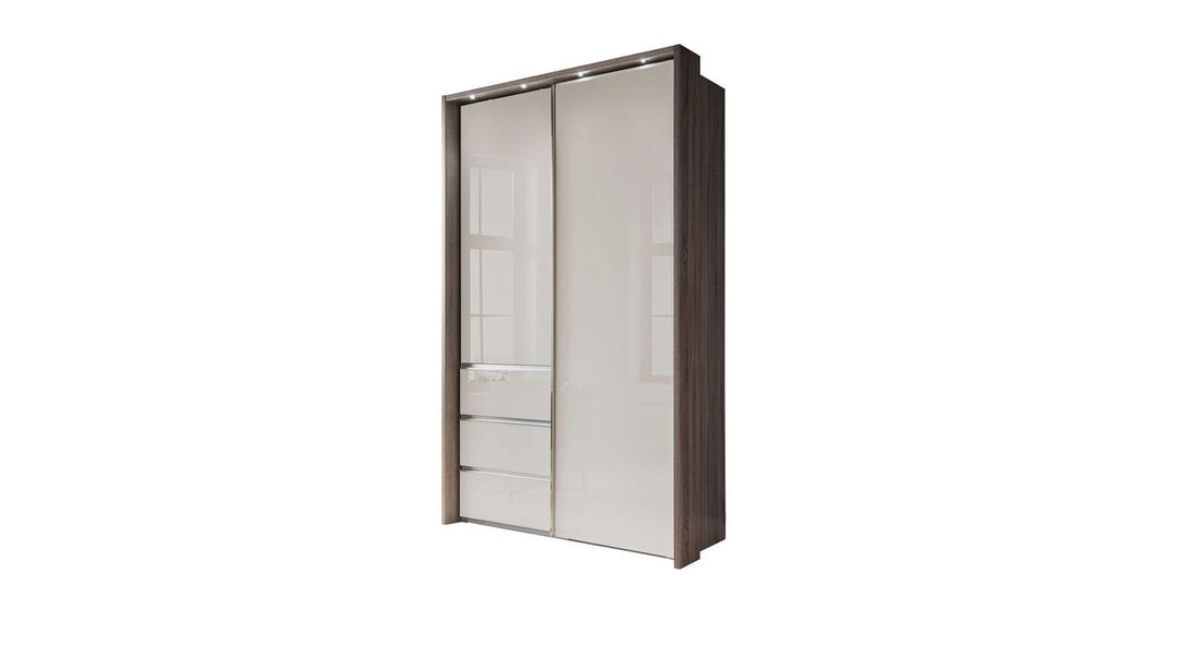 Schwebetüren-Kleiderschrank Tunica Eiche Dekor mit Glasfront und Schubladen