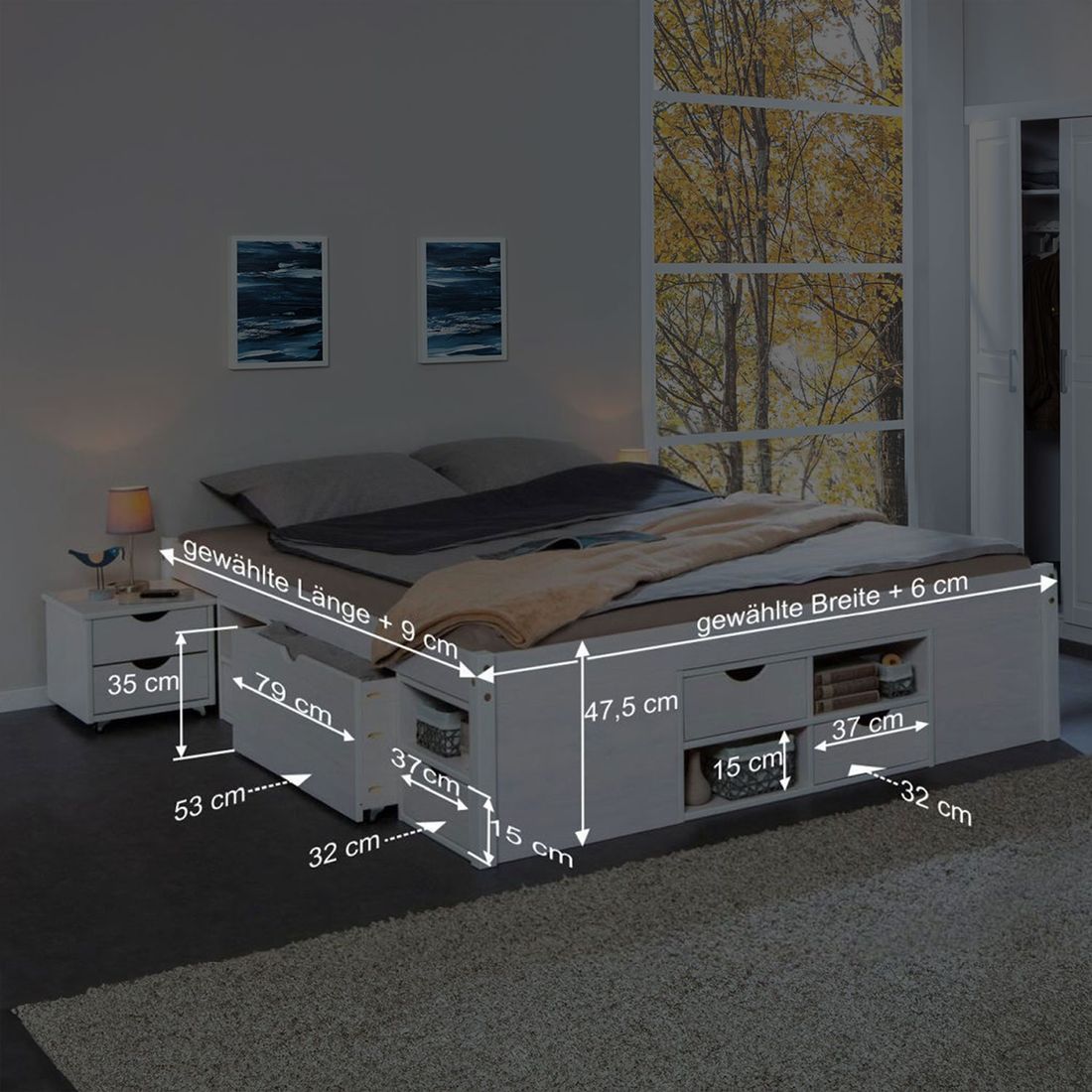 Doppelbett Göteborg Komfort Kiefer Massivholz ohne Kopfteil mit Lattenrost und Schubkasten