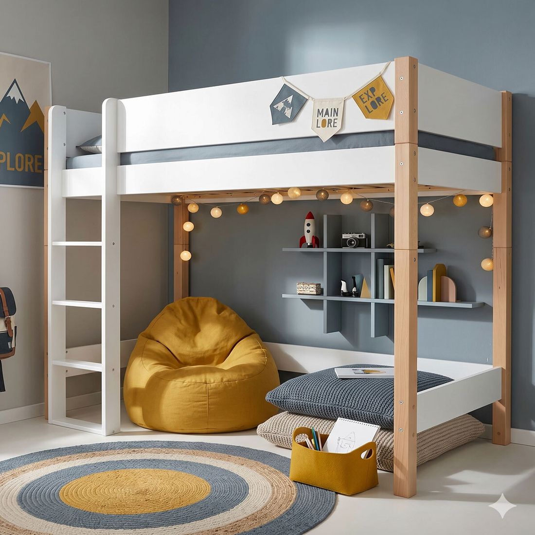 Midi-Hochbett Kids Town Buche teilmassiv mit Lattenrost