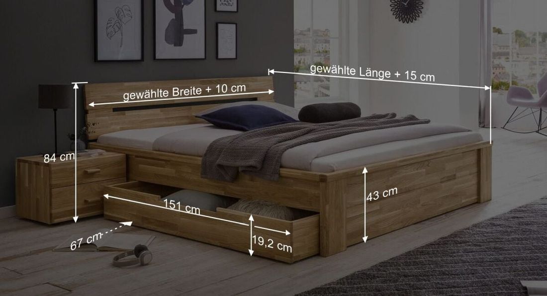 Bett Sumak Komfort Wildeiche Massivholz mit Schubkasten