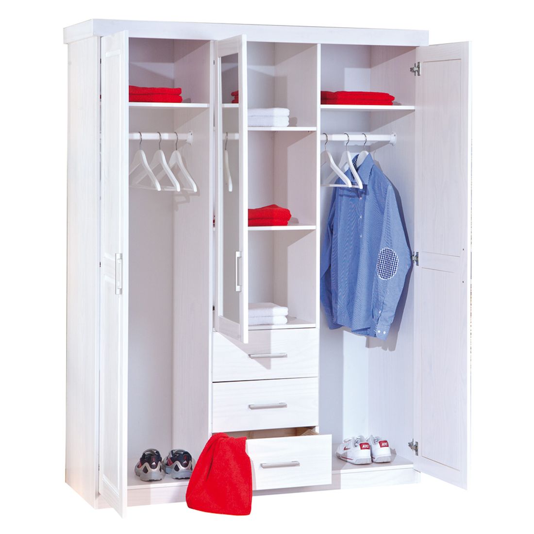 Drehtüren-Kleiderschrank Genf Kiefer Massivholz mit Spiegel und Schubladen