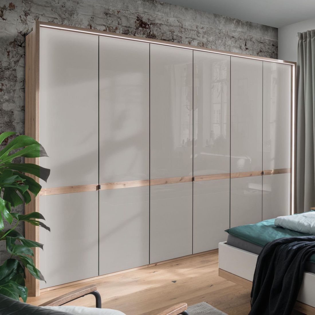 Drehtüren-Kleiderschrank Elanie Eiche Dekor mit Glasfront