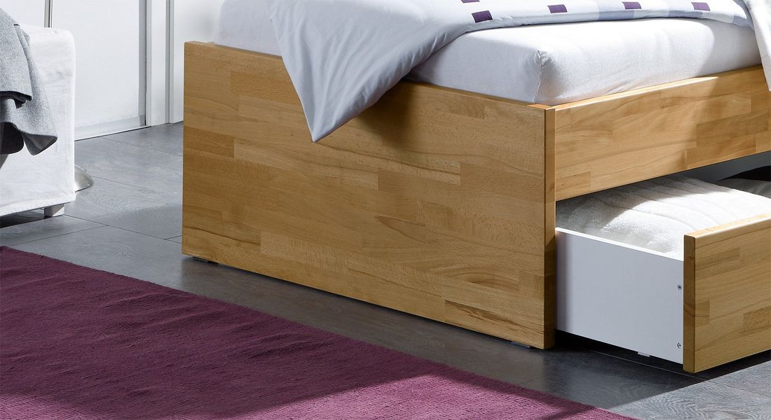 Einzelbett Leova Komfort Kernbuche Massivholz mit Schubkasten