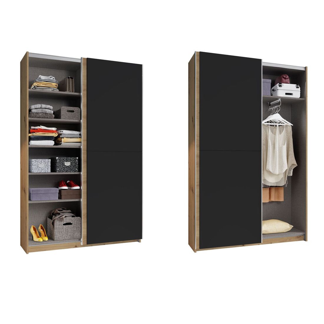 Schwebetüren-Kleiderschrank Nardo Eiche Dekor mit Innenausstattung 125x196cm