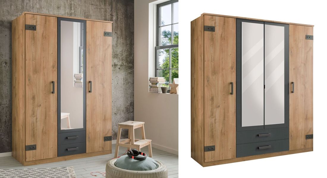 Drehtüren-Kleiderschrank Borlotto Eiche Dekor mit Schubladen mit Innenausstattung H 199cm