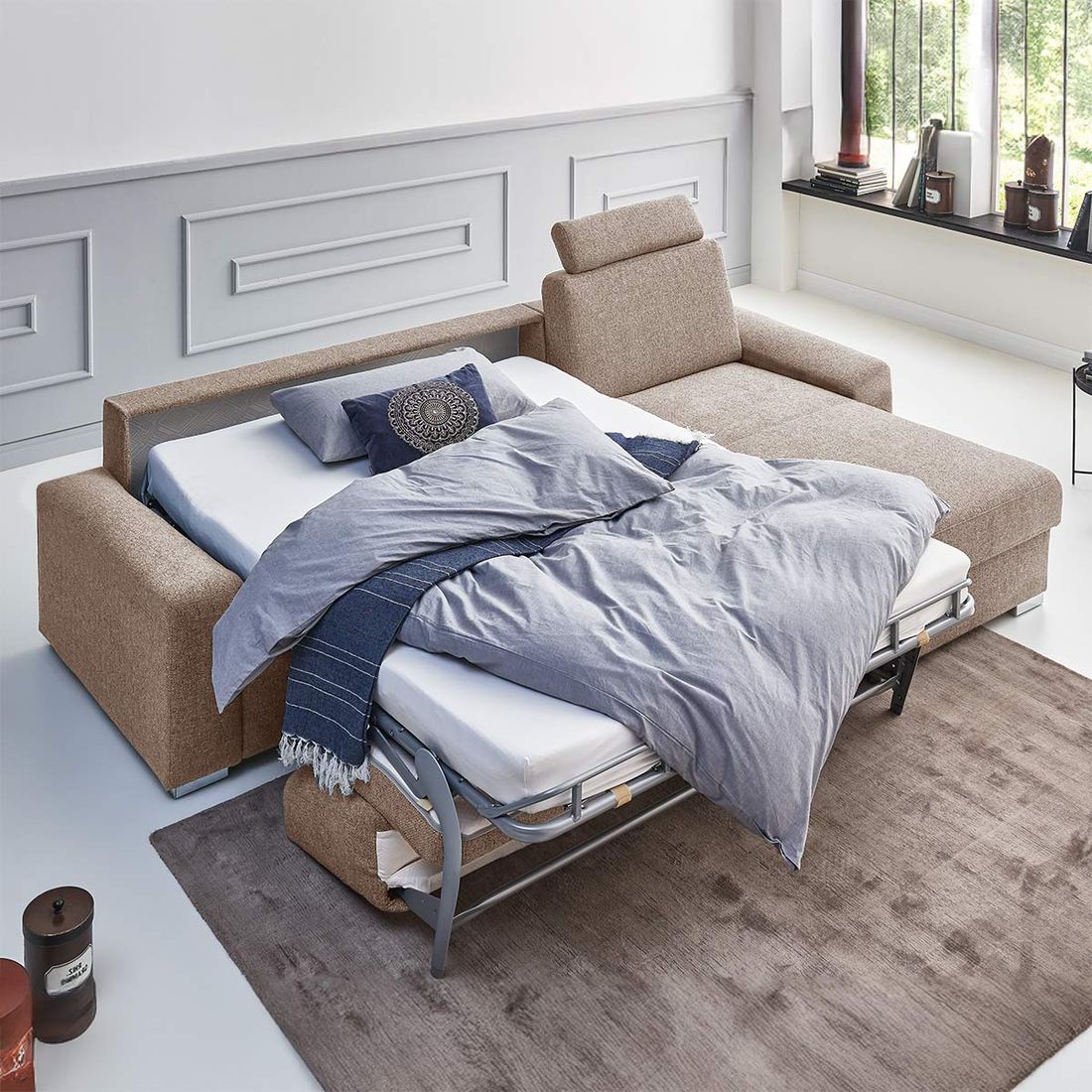 Eck-Schlafsofa Lelio Webstoff mit Lattenrost und Bettkasten Ottomane rechts