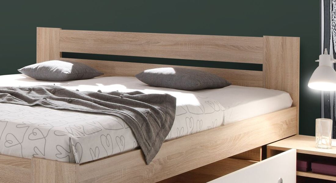 Bett Edvin Komfort Eiche Dekor mit Nachttischen und Schubkasten