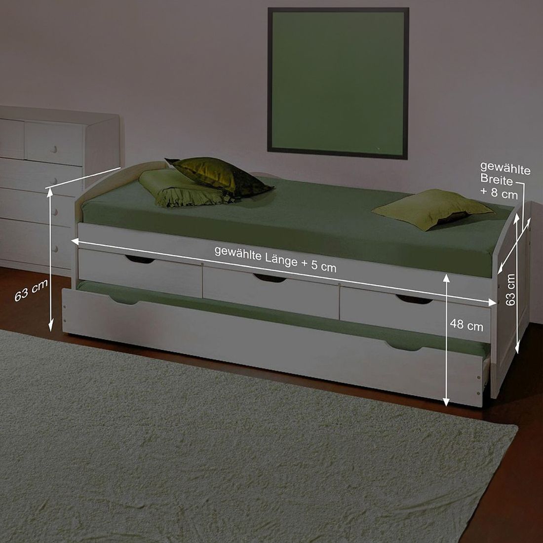 Ausziehbett Leon Kiefer Massivholz mit Lattenrost und Bettschublade