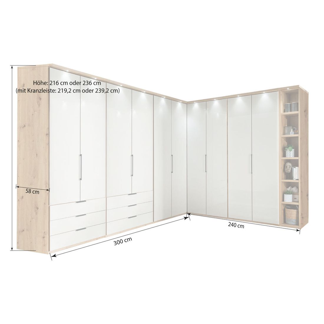 Eck-Kleiderschrank Estiva Eiche Dekor mit Glasfront