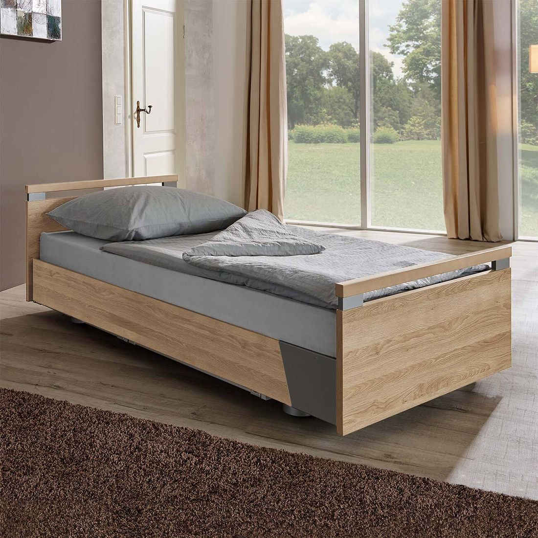 Komfortbett mit Pflegebett-Funktion Usedom Eiche/Akazie Dekor mit Tellerrost