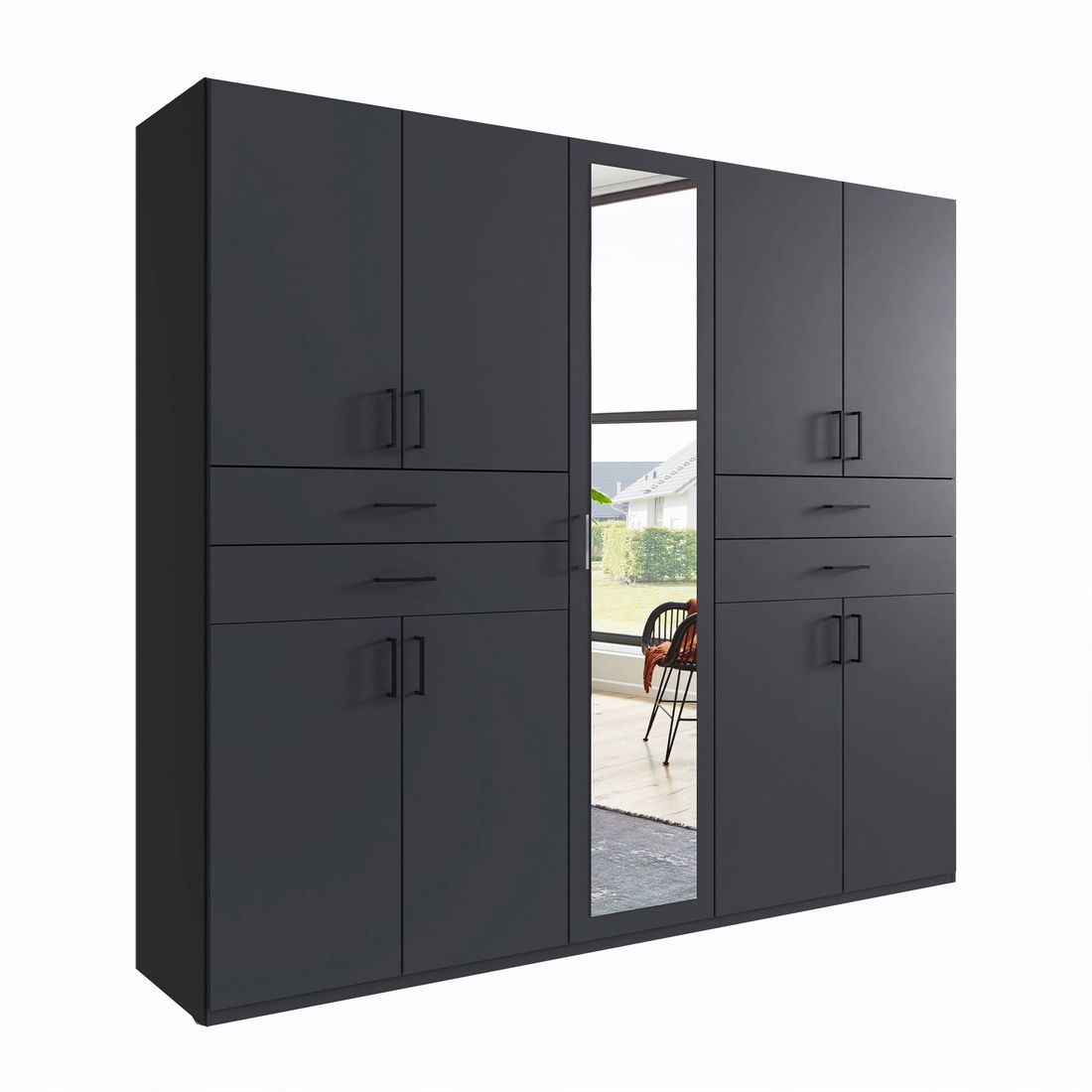 Drehtüren-Kleiderschrank Marnell mit Spiegel und Schubladen