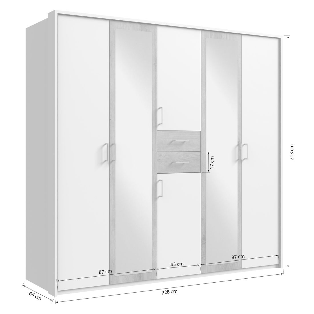 Drehtüren-Kleiderschrank Mozza mit Spiegel und Schubladen H 208cm